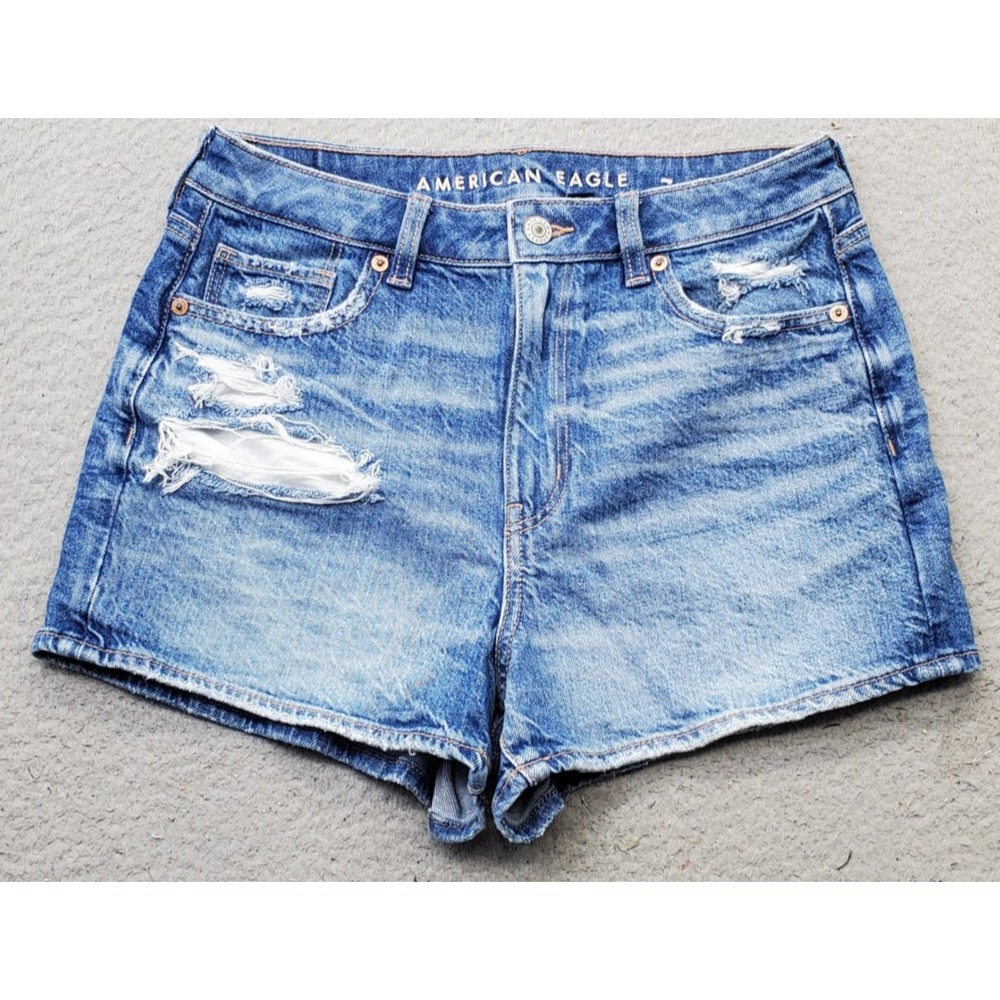 American Eagle Jean Mom Shorts Womens‎ 4 Blue Denim Faded Distressed Medium Wash